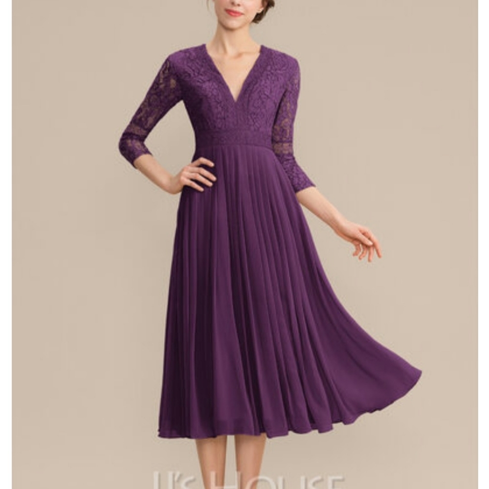 JJs House 3/4 Sleeve Purple Chiffon Lace Dress